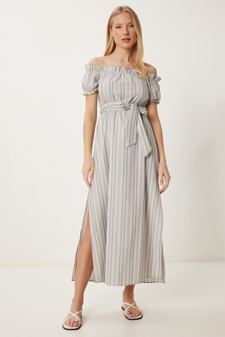 Vestido midi - Cru e cinzento-claro