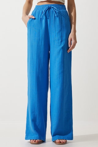 Calças palazzo cintura subida - Azul-real