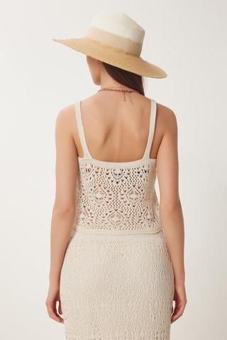 Crop top e saia comprida de cintura subida em croché - Nude