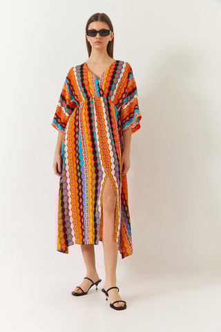 Vestido midi - Laranja e branco