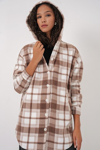 Camisa oversize com capuz - Castanho