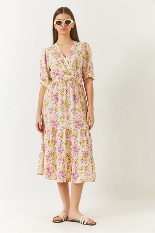 Vestido midi - Bege e rosa