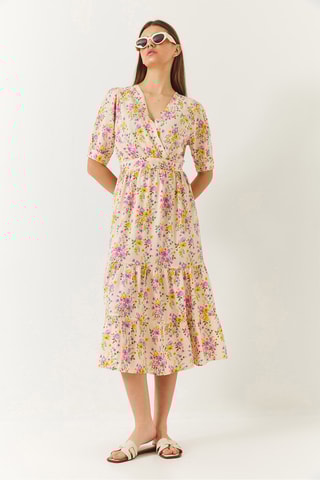 Vestido midi - Bege e rosa