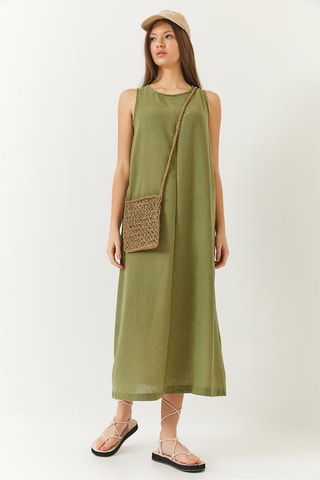 Vestido midi em linho - Caqui