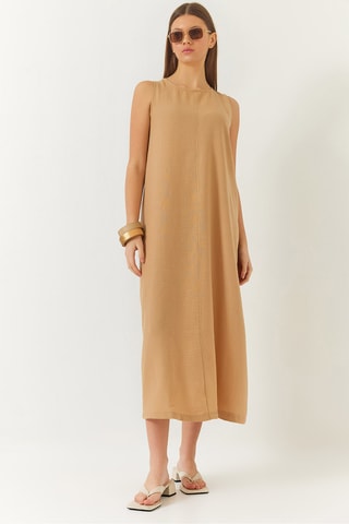Vestido midi em linho - Castanho