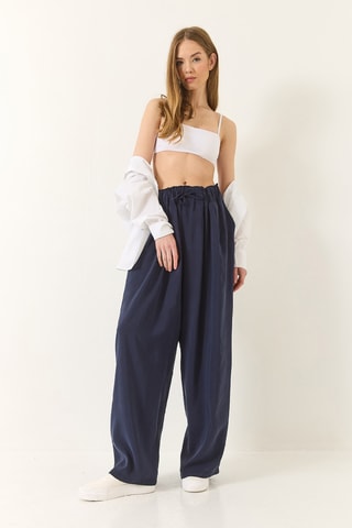 Calças palazzo cintura subida - Azul-marinho