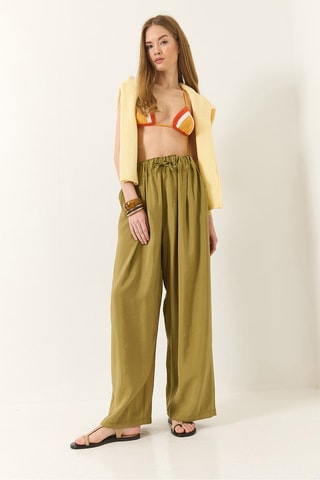 Calças palazzo cintura subida - Verde-azeitona