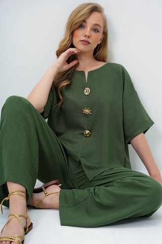 Blusa e calças cintura subida - Caqui