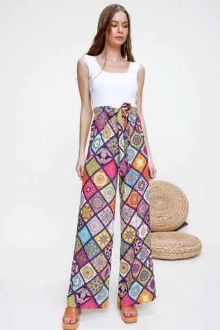 Calças relaxed cintura subida - Fúcsia e branco