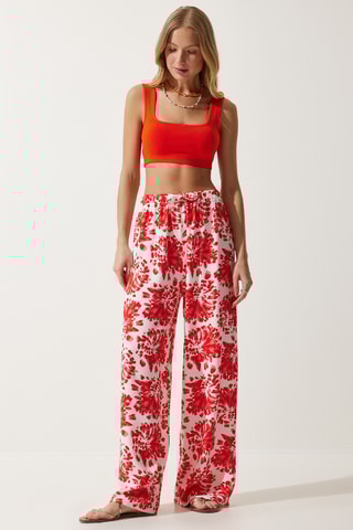 Calças loose cintura subida - Cru e vermelho