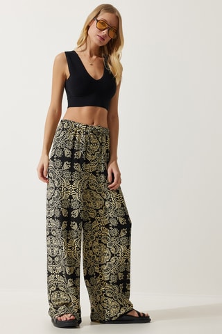 Calças palazzo em linho - Preto e bege