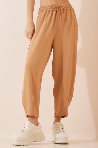 Calças de cintura alta - Castanho-claro