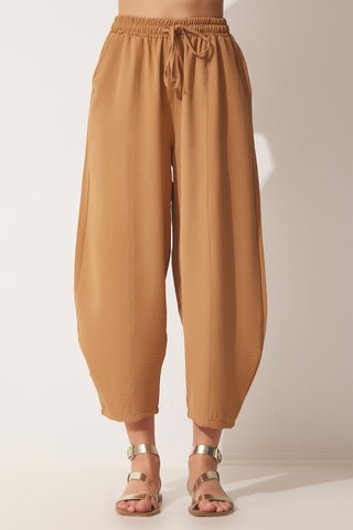 Calças shalwar 7/8 cintura subida - Castanho-claro