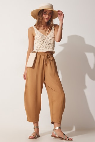 Calças shalwar 7/8 cintura subida - Castanho-claro