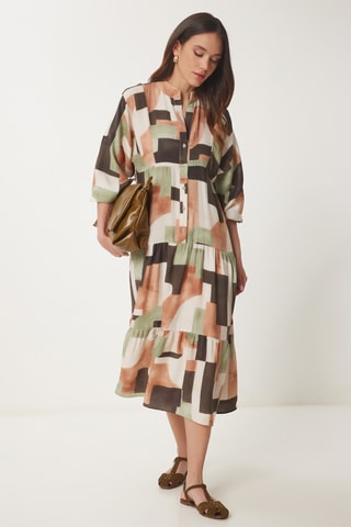 Vestido midi - Bege e castanho