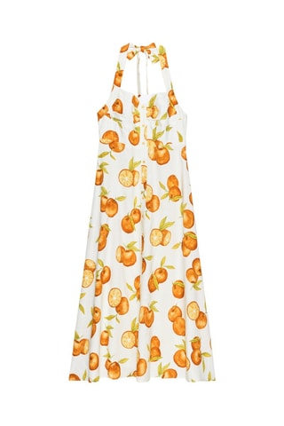 Vestido midi em linho - Branco e laranja