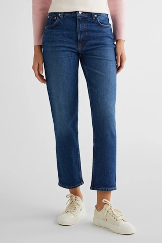 Calças de ganga direitas 7/8 cintura subida - Azul