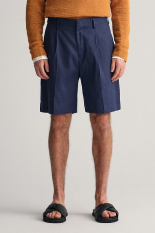 Calções regular em linho - Azul-marinho