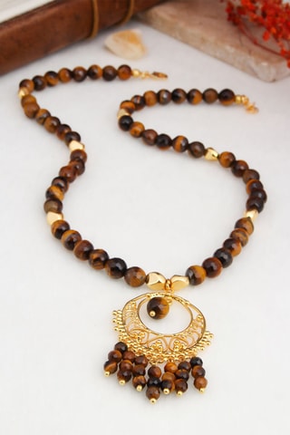 Collana - Placcato oro giallo e occhi di tigre