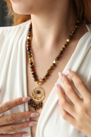 Collana - Placcato oro giallo e occhi di tigre