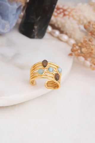 Anello - Placcato oro giallo, amazzoniti e occhi di tigre