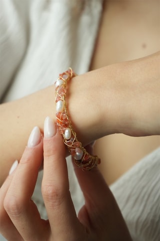 Bracciale bangle - Placcato oro giallo, perle coltivate e quarzo