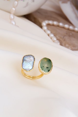Anello - Placcato oro giallo, prehnite e perla coltivata