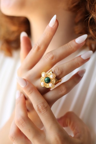 Anello - Placcato oro giallo, malachite e perle coltivate 