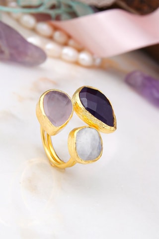 Anello laminato oro giallo - Quarzo rosa, pietra di luna e ametista