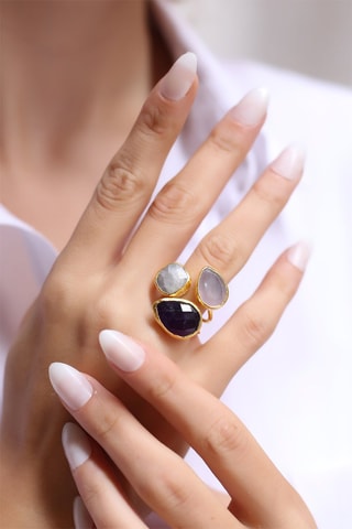 Anello laminato oro giallo - Quarzo rosa, pietra di luna e ametista