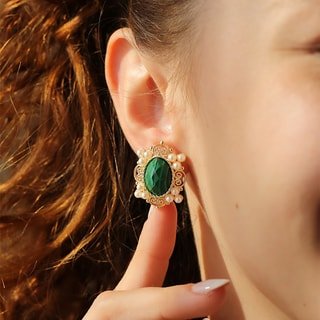 Orecchini - Ottone placcato oro, malachite & perla 