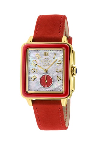 Reloj de cuarzo de piel, nácar y diamantes - Rojo y dorado