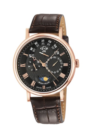 Reloj de cuarzo de piel Maestro - Contador de fase lunar - Marrón oscuro y rosa dorado