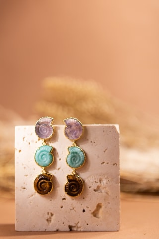 Orecchini laminato oro fino giallo - Fluoriti, amazzoniti e occhi di tigre