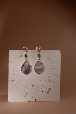 Orecchini laminato oro fino giallo - Fluoriti e malachiti