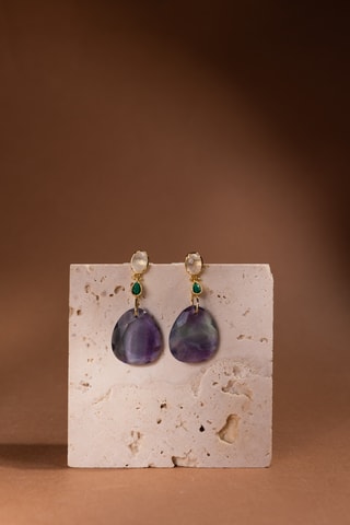 Orecchini laminato oro fino giallo - Fluoriti, quarzo e malachiti