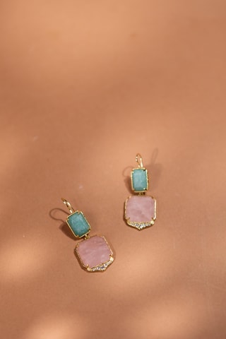 Orecchini laminato oro fino giallo - Quarzo e amazzoniti