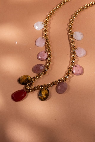 Collana - Cristallo di rocca, quarzo rosa, quarzo fragola, rodonite, occhio di tigre e corniola