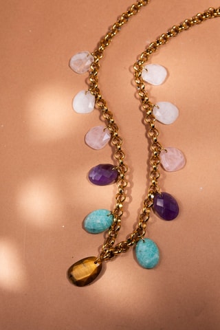 Collana - Cristallo di rocca, quarzi, ametiste, amazzoniti e occhio di tigre