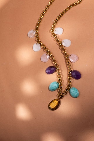 Collana - Cristallo di rocca, quarzi, ametiste, amazzoniti e occhio di tigre