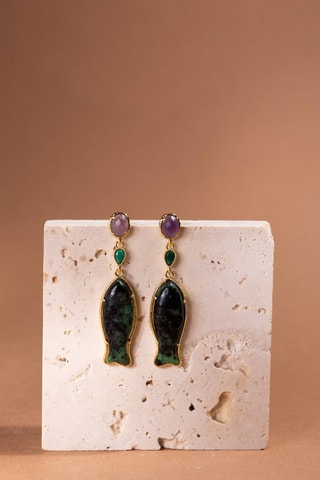 Orecchini laminato oro fino giallo - Rubini zoisite, malachiti e ametiste