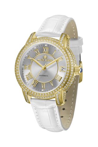 Automatisch Horloge met Diamanten en Leer - Wit en Goudkleurig