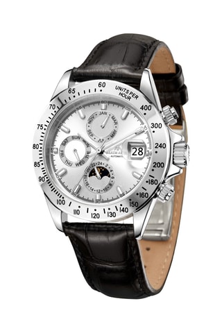 Relógio automático de couro - Taquímetro - Preto e prateado