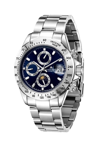 Relógio automático de couro - Taquímetro - Prateado