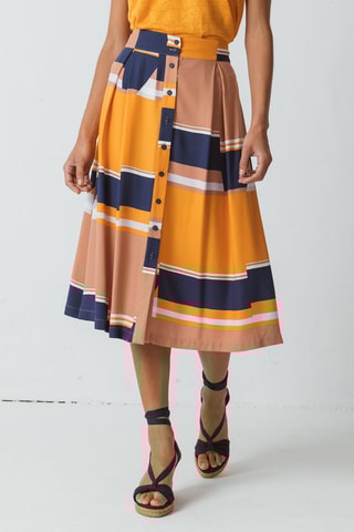 Saia midi - Laranja - Branco, bege, azul e laranja