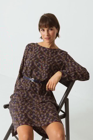 Vestido direito - Azul-marinho e caqui - Branco, azul, verde e rosa