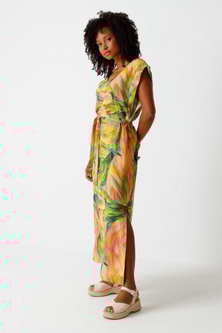 Vestido comprido - Mostarda e verde-escuro - Preto e castanho