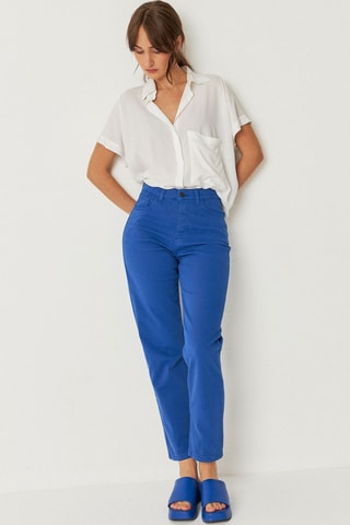 Calças direitas de cintura alta em algodão biológico Ania - Azul