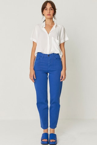 Calças direitas de cintura alta em algodão biológico Ania - Azul