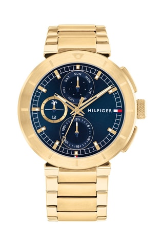 Stalen Quartz Horloge - Chronograaf - Goudkleurig en Marineblauw